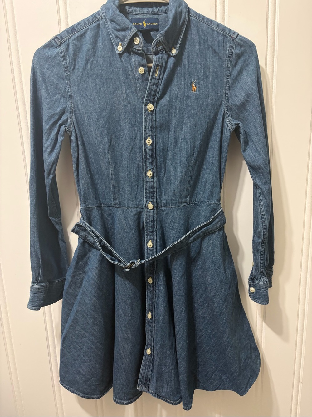Ralph Lauren Girls Belted Cotton Denim Shirtdress Indigo Blue Size 12